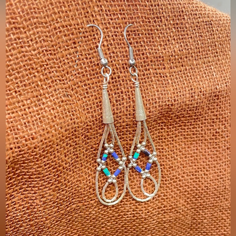 American Indian Liquid Silver, Lapis and Turquoise Hook Earrings